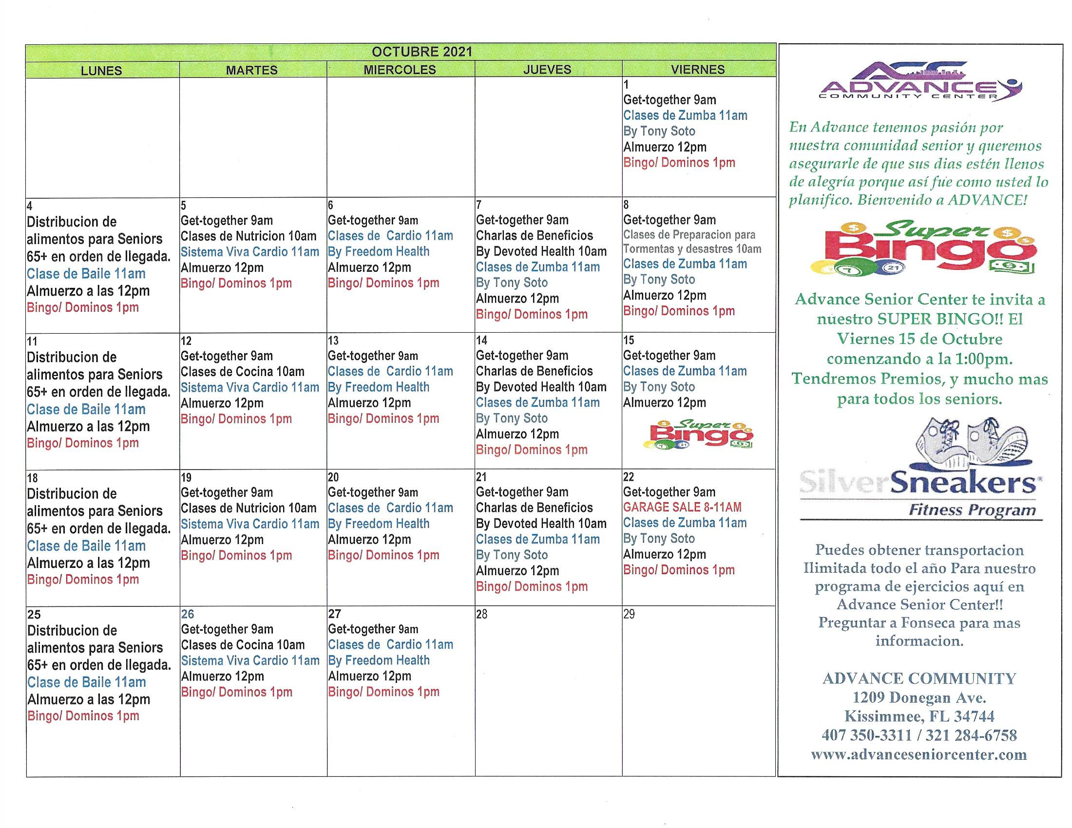 Calendar Advance Senior Center